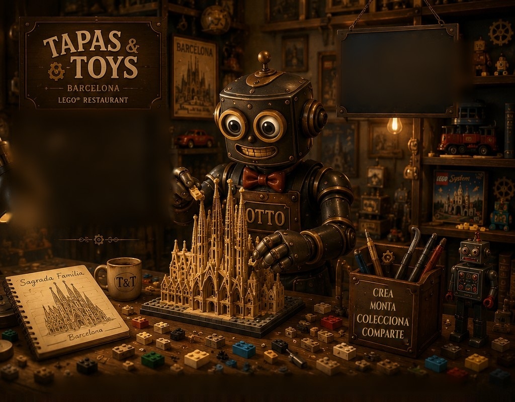 Robot vintage OTTO montando la Sagrada Família en LEGO en un taller repleto de juguetes antiguos