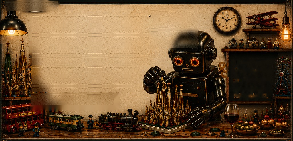 Robot de hojalata vintage rodeado de maquetas de la Sagrada Família, un reloj y juguetes antiguos
