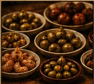 Cuencos de aceitunas y tapas variadas