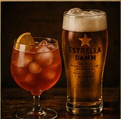 Cóctel con hielo y caña de Estrella Damm